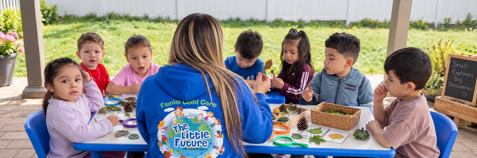 Children exploring leaves and pine cones with magnifying glasses at the outdoor table