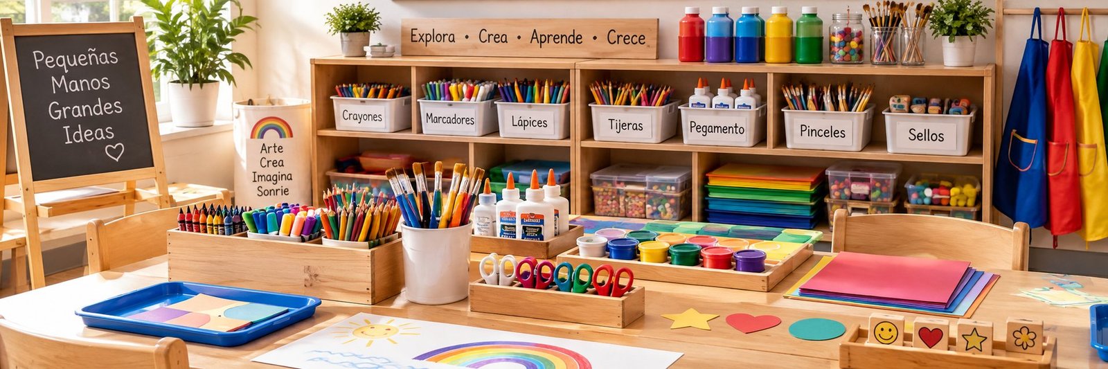 The art corner with labelled bins of crayons, markers, scissors and paint