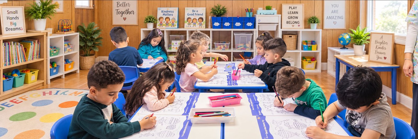 The class working on their drawings around the tables