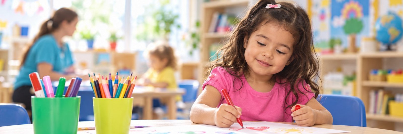 A girl drawing with markers at the activity table