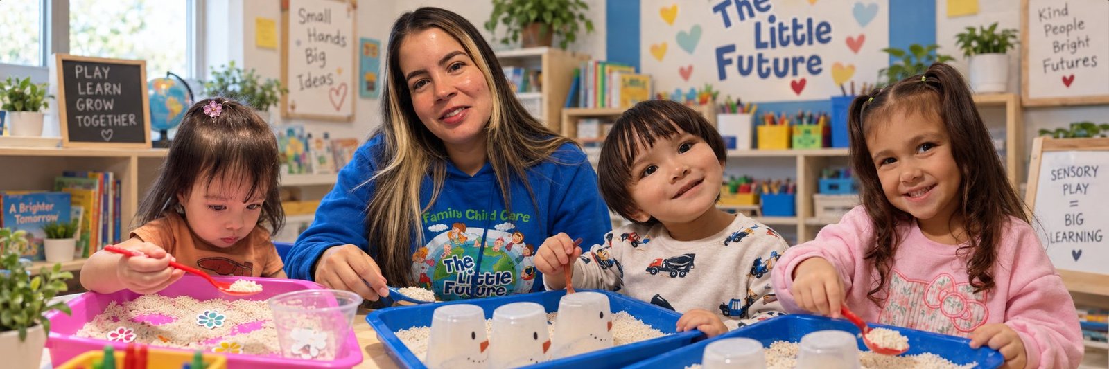 Children and their educator playing with a sensory rice tray